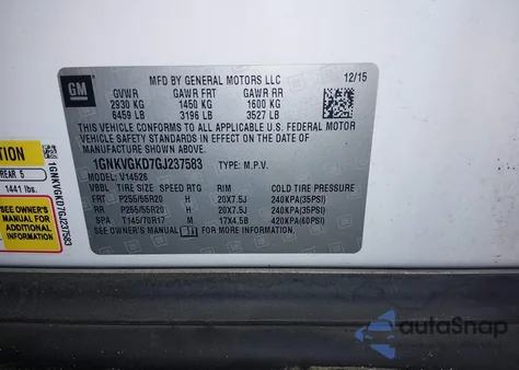 2016 Chevrolet Traverse 1Lt z USA, uszkodzony, nr VIN 1GNKVGKD7GJ237583